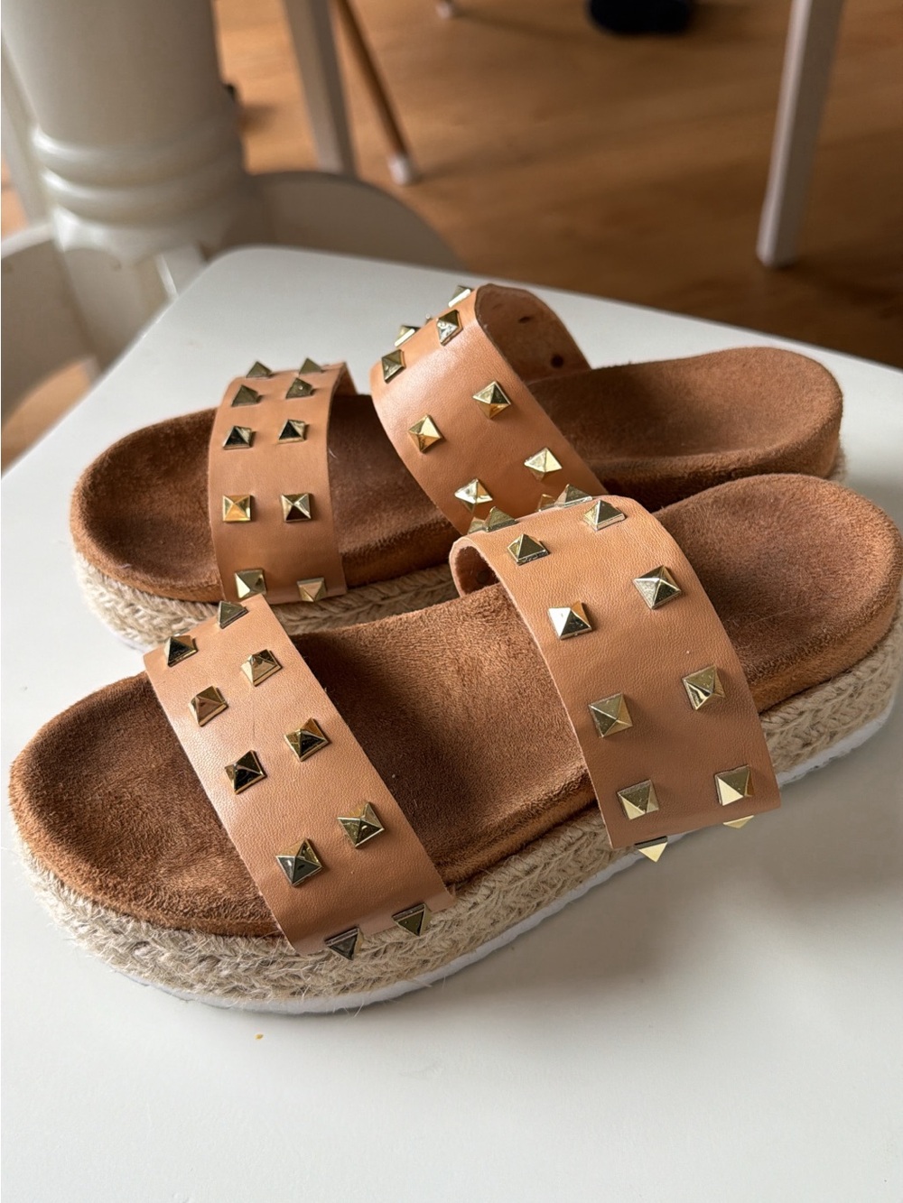 Studded Tan Slide Sandals - Women